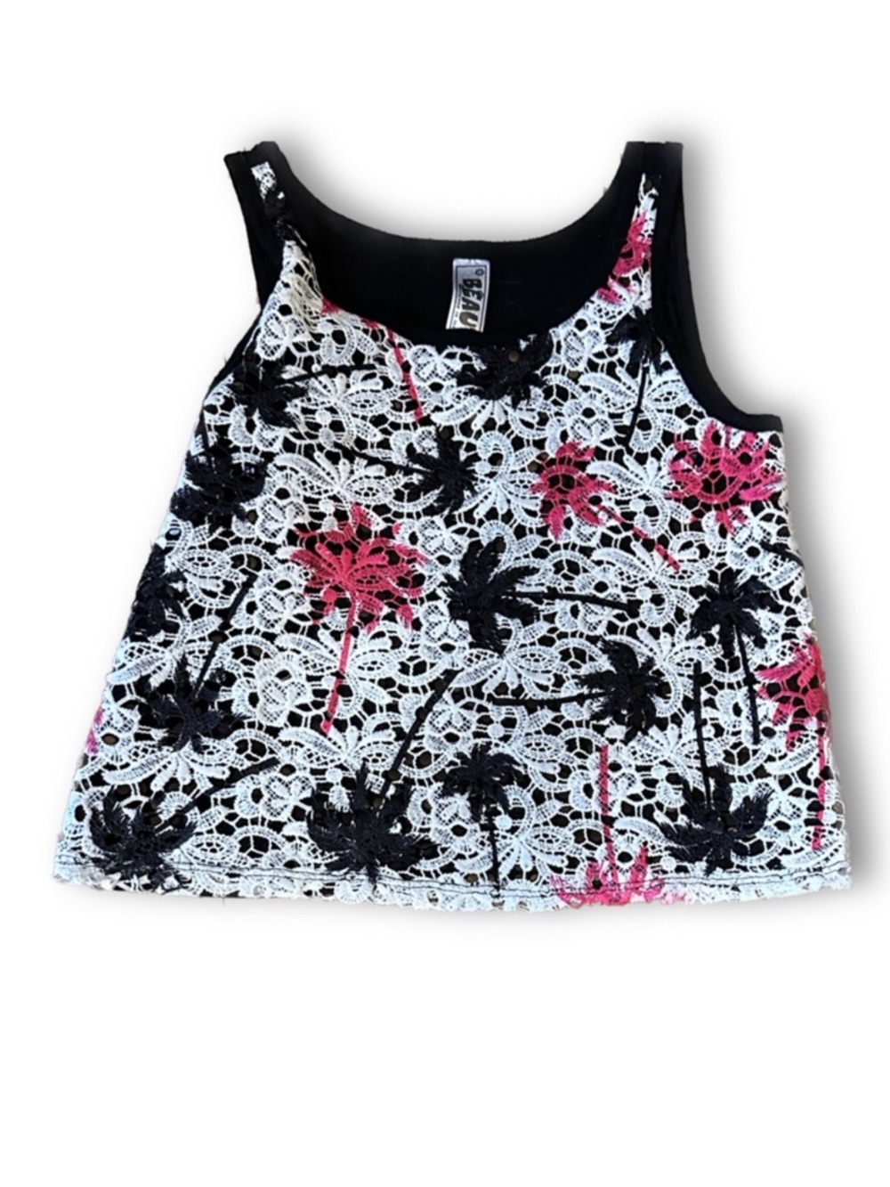Pink, Black & White Children’s Cotton Palm Tree Lace Tee with Black Sequins